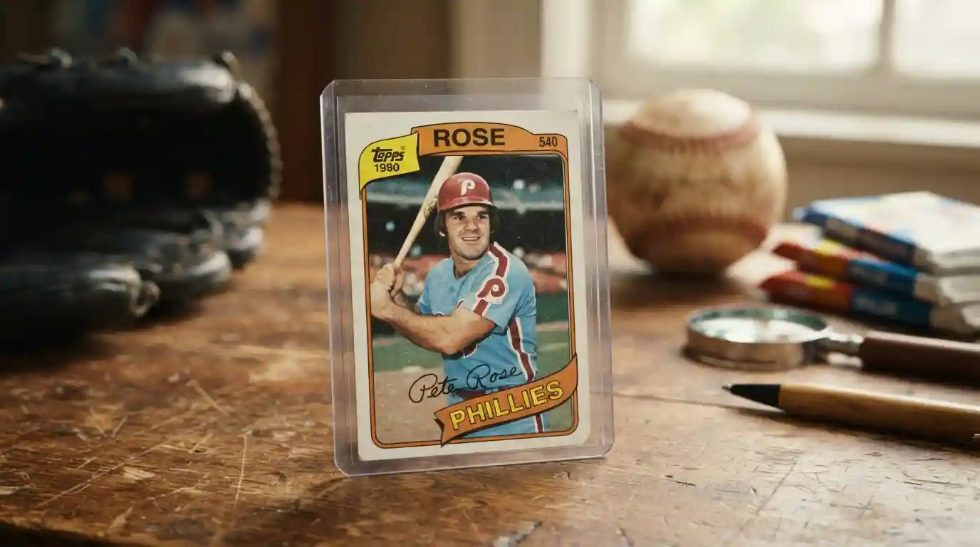 Vintage Pete Rose baseball trading card displayed with classic sports-collecting memorabilia