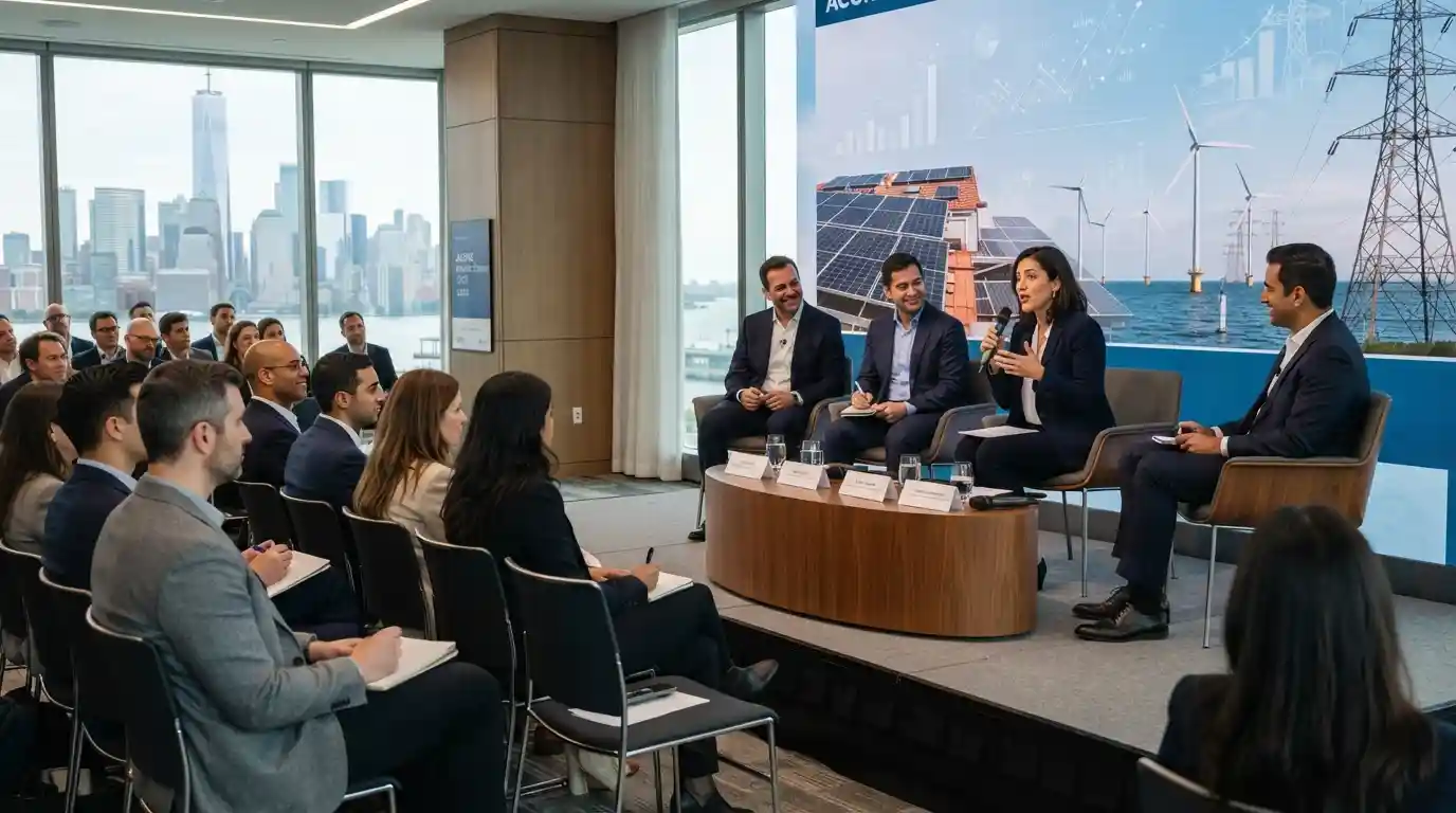Finance professionals discussing clean-energy investment at a conference in New York City