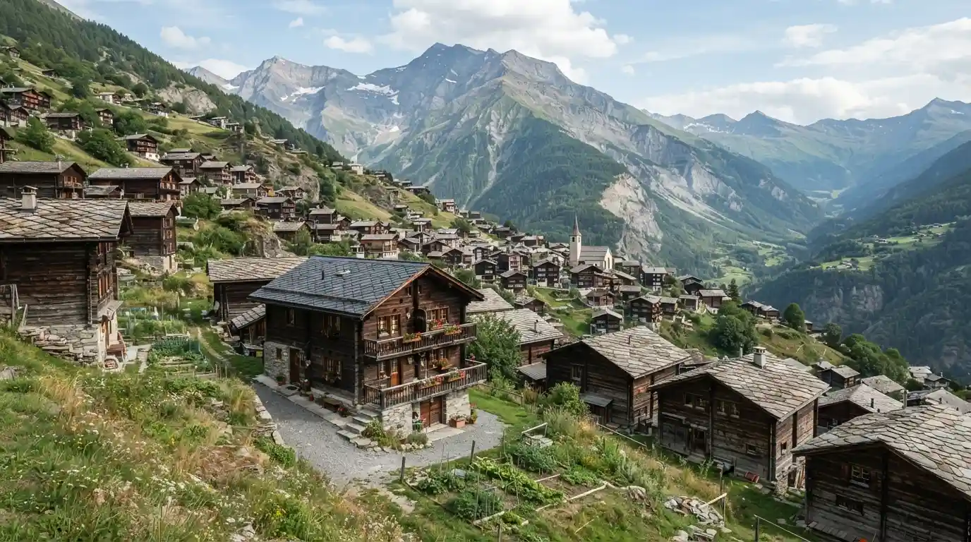 Traditional homes in the Alpine village of Albinen, Switzerland, surrounded by mountain scenery