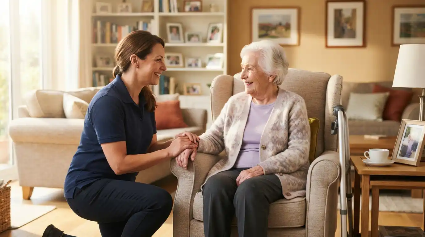 Professional caregiver providing compassionate support to an older adult at home