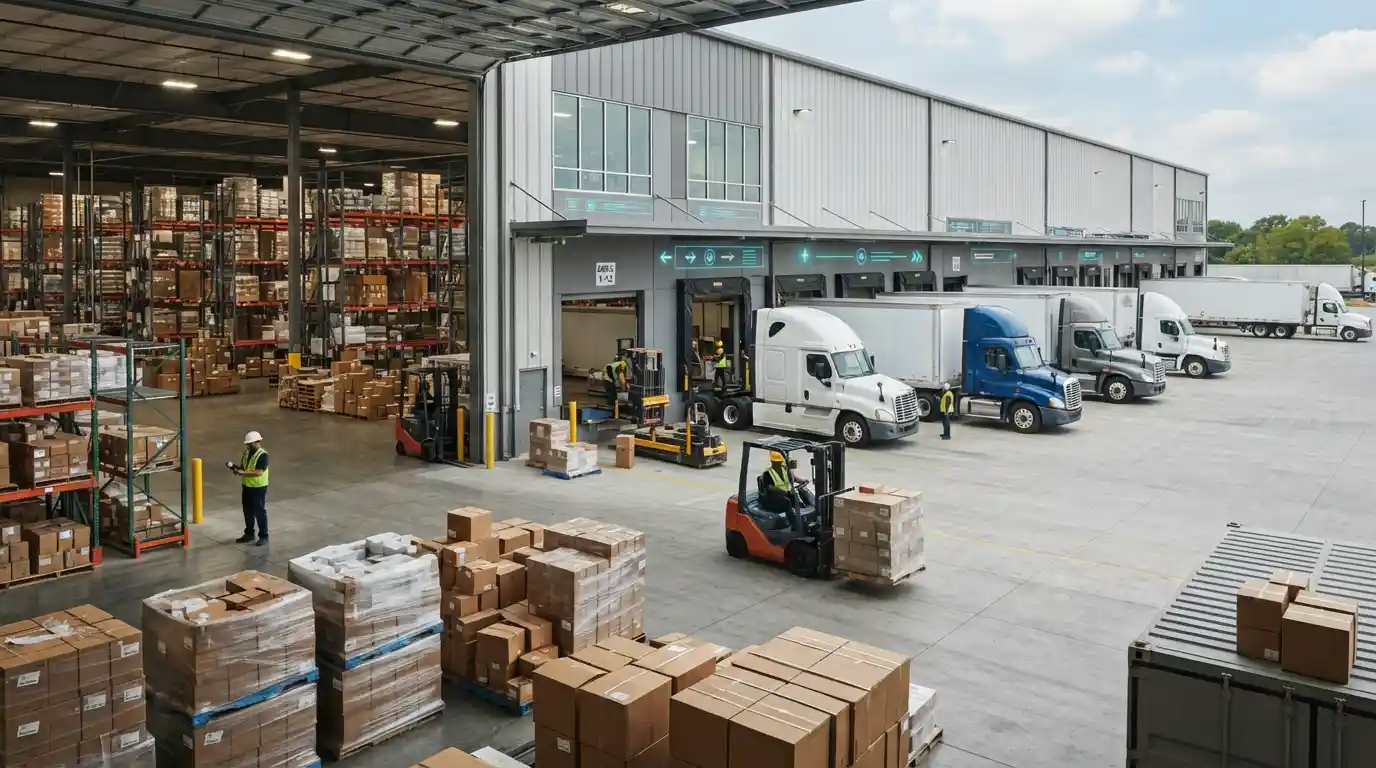 Modern logistics warehouse with freight pallets, delivery trucks, and digital shipment tracking technology
