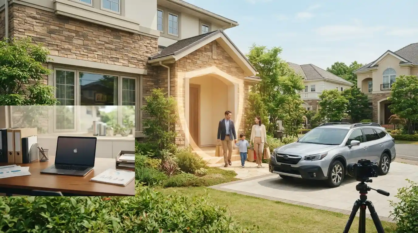 A modern home, family vehicle, and home business workspace representing insurance protection and financial security.