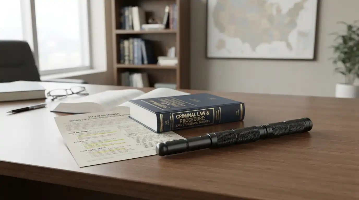 Expandable metal baton beside legal documents and a U.S. map on a desk