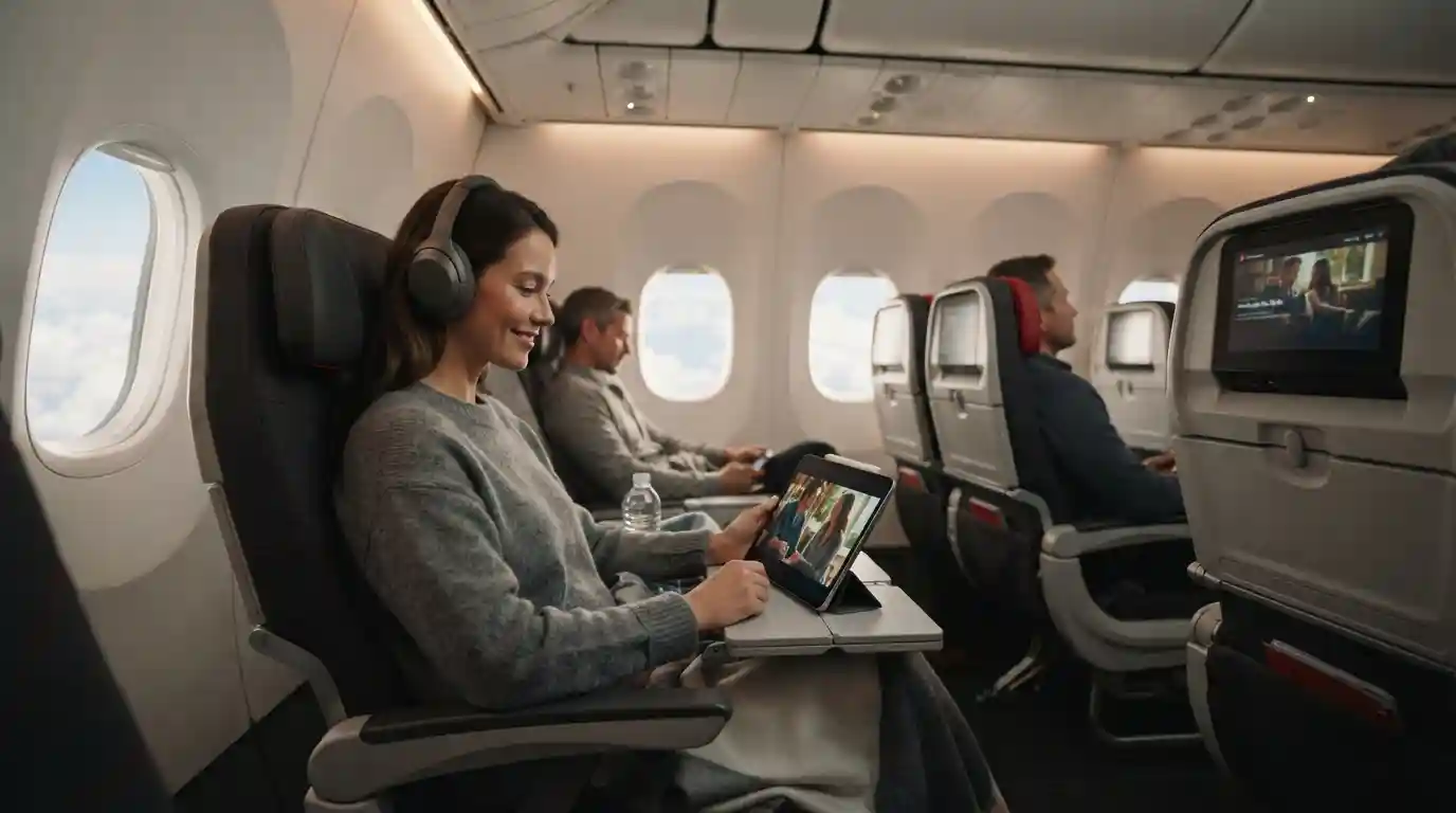 Passenger watching entertainment on a tablet inside an airplane cabin