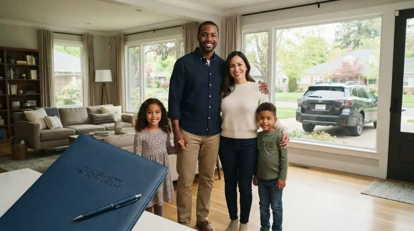 Family standing together at home while considering insurance coverage and financial protection.