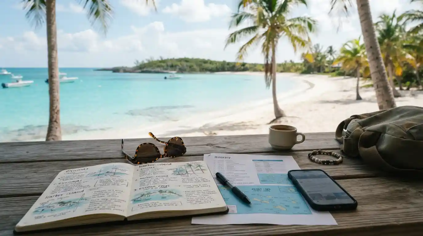 Travel planning setup overlooking a tropical Bahamas beach with turquoise water and palm trees