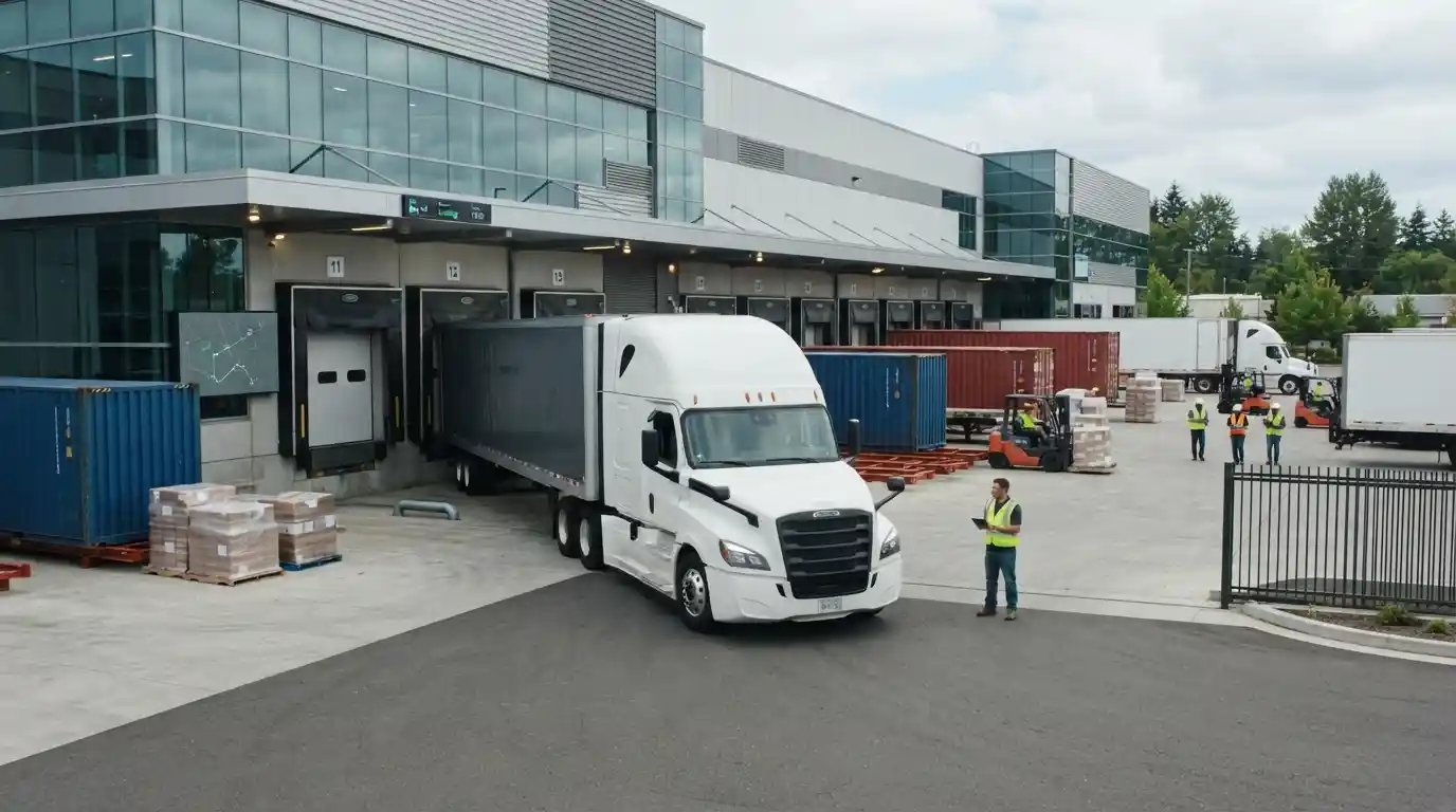 Commercial freight truck and warehouse supporting modern supply chain operations