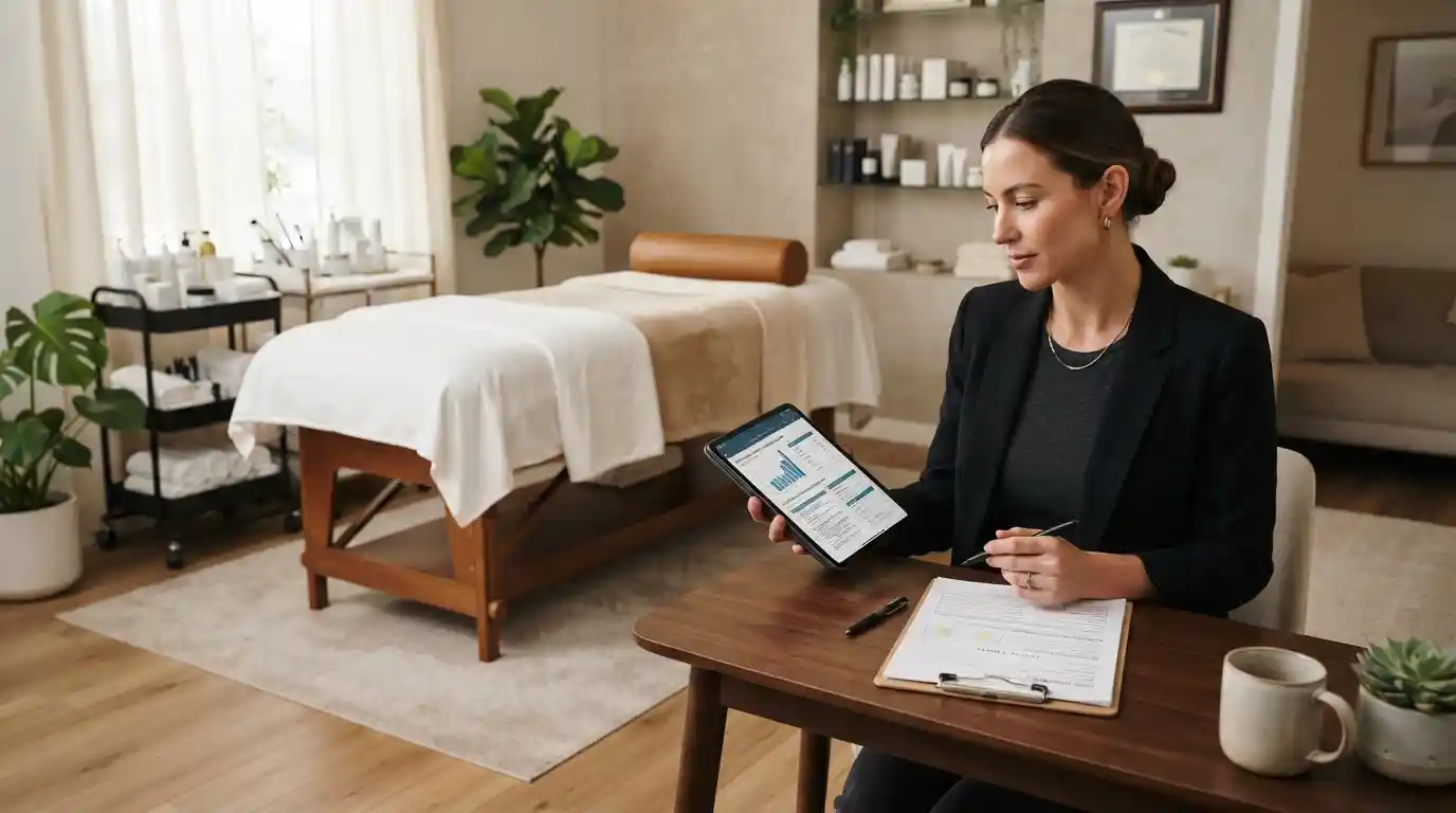 Beauty and wellness professional reviewing insurance documents in a modern treatment studio