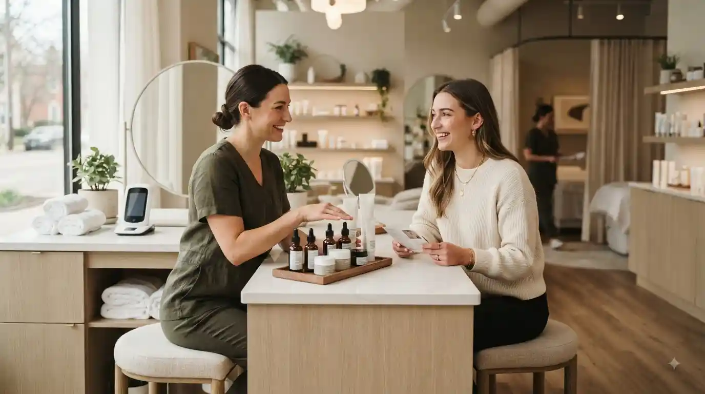 Beauty specialist consulting with a client about skincare in a modern Columbus beauty studio