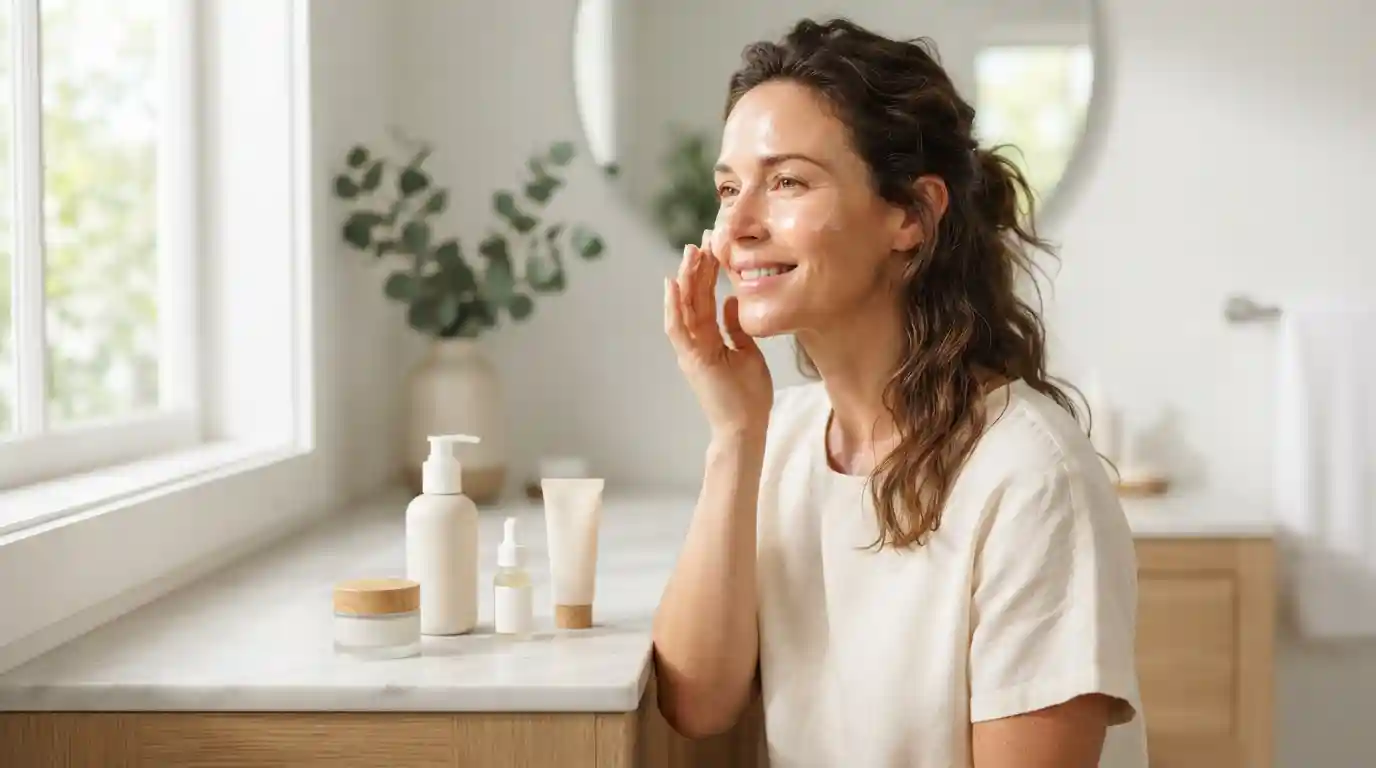 Woman applying moisturizer while following a simple skincare routine