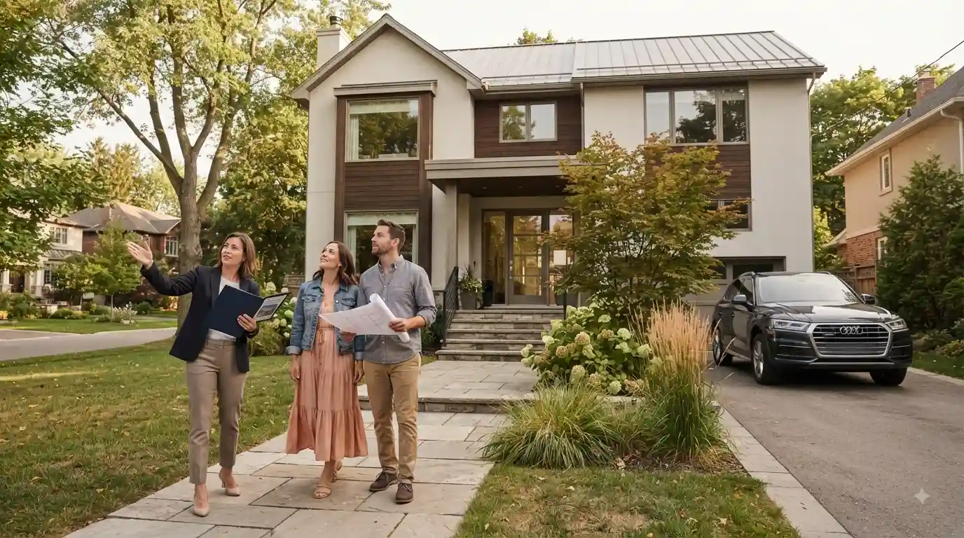 Modern residential property viewed by a prospective buyer and real estate professional
