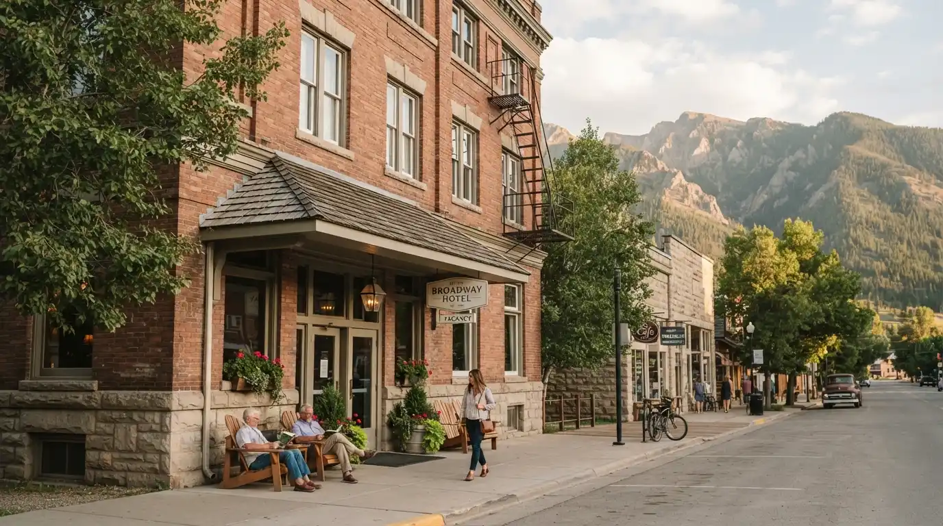 Historic-style hotel in Philipsburg, Montana with mountain scenery in the background