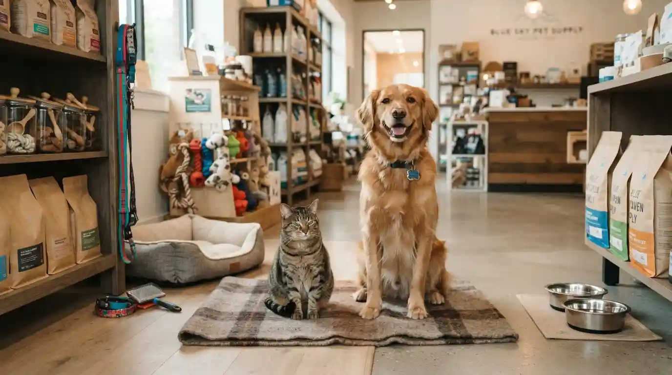 Dog and cat surrounded by everyday pet supplies in a welcoming pet store