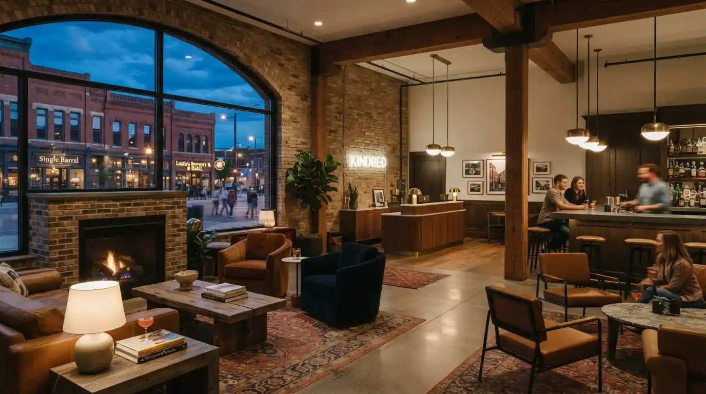 Elegant boutique hotel interior in Lincoln, Nebraska with stylish furnishings and warm lighting