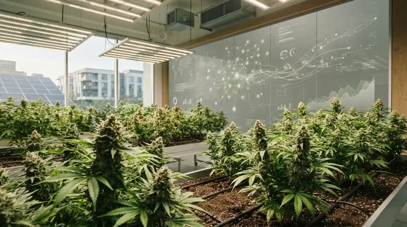 Legal cannabis cultivation facility with digital blockchain and cryptocurrency finance elements