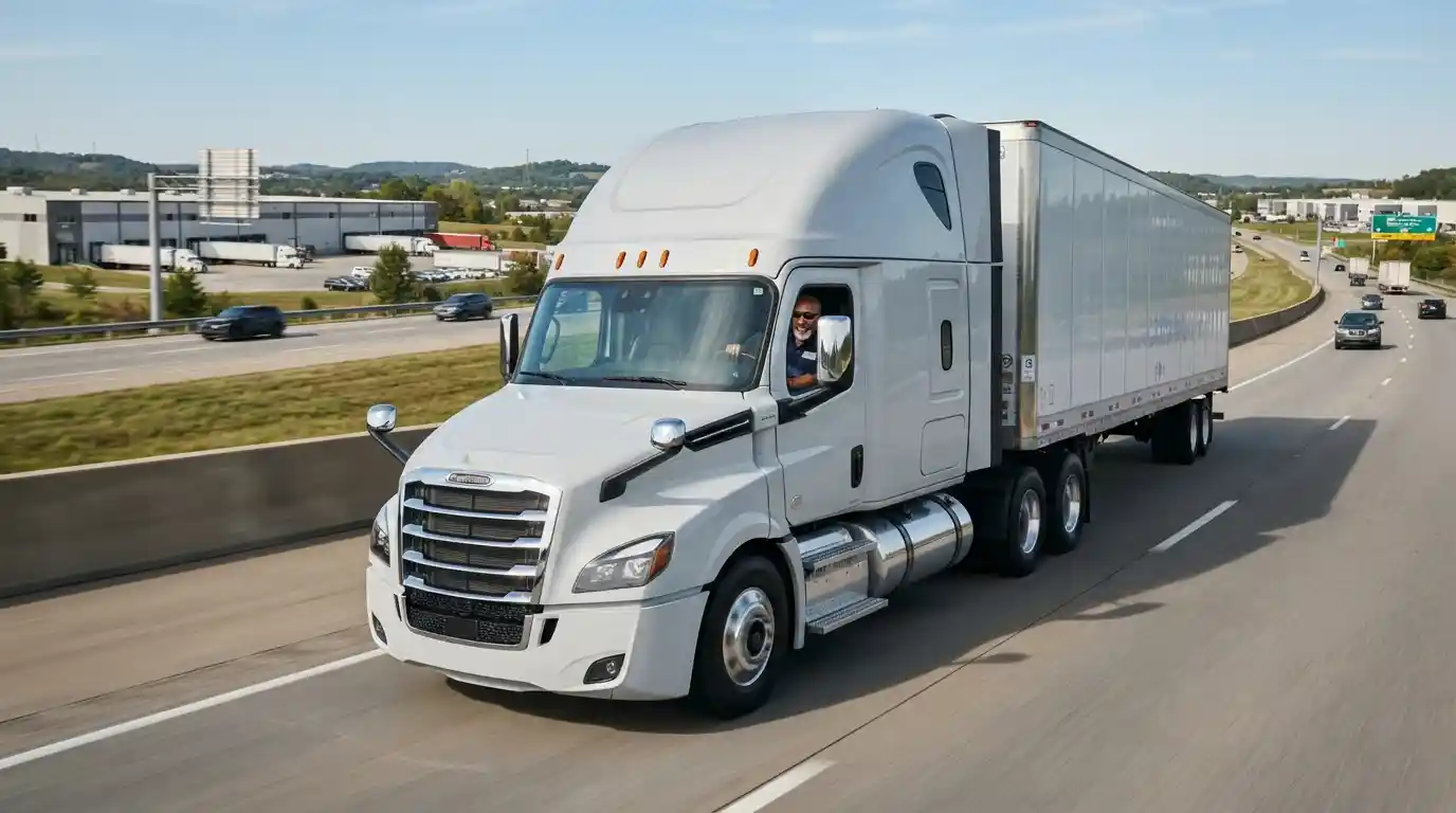 Professional truck driver operating a modern semi-truck on a U.S. highway