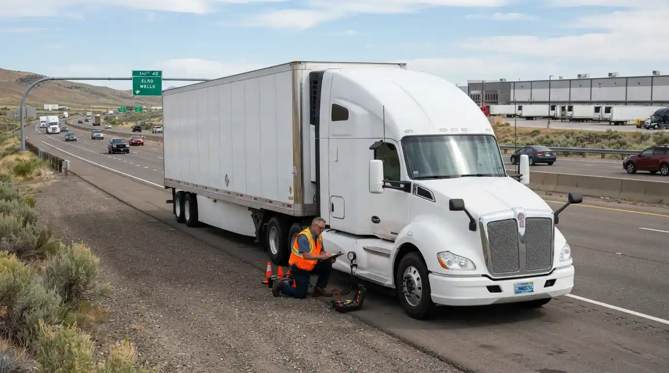 Professional truck driver inspecting a freight truck on a U.S. highway