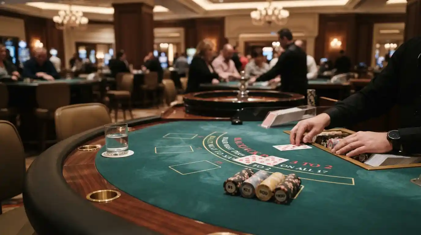 Casino table with playing cards, poker chips, and a roulette wheel representing a casino gaming guide