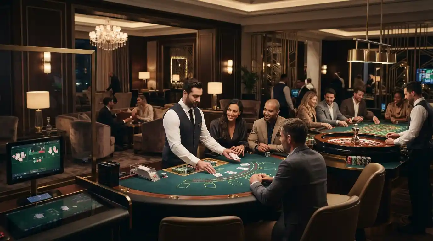 Modern luxury casino environment featuring roulette, gaming tables, cards, and digital entertainment elements.