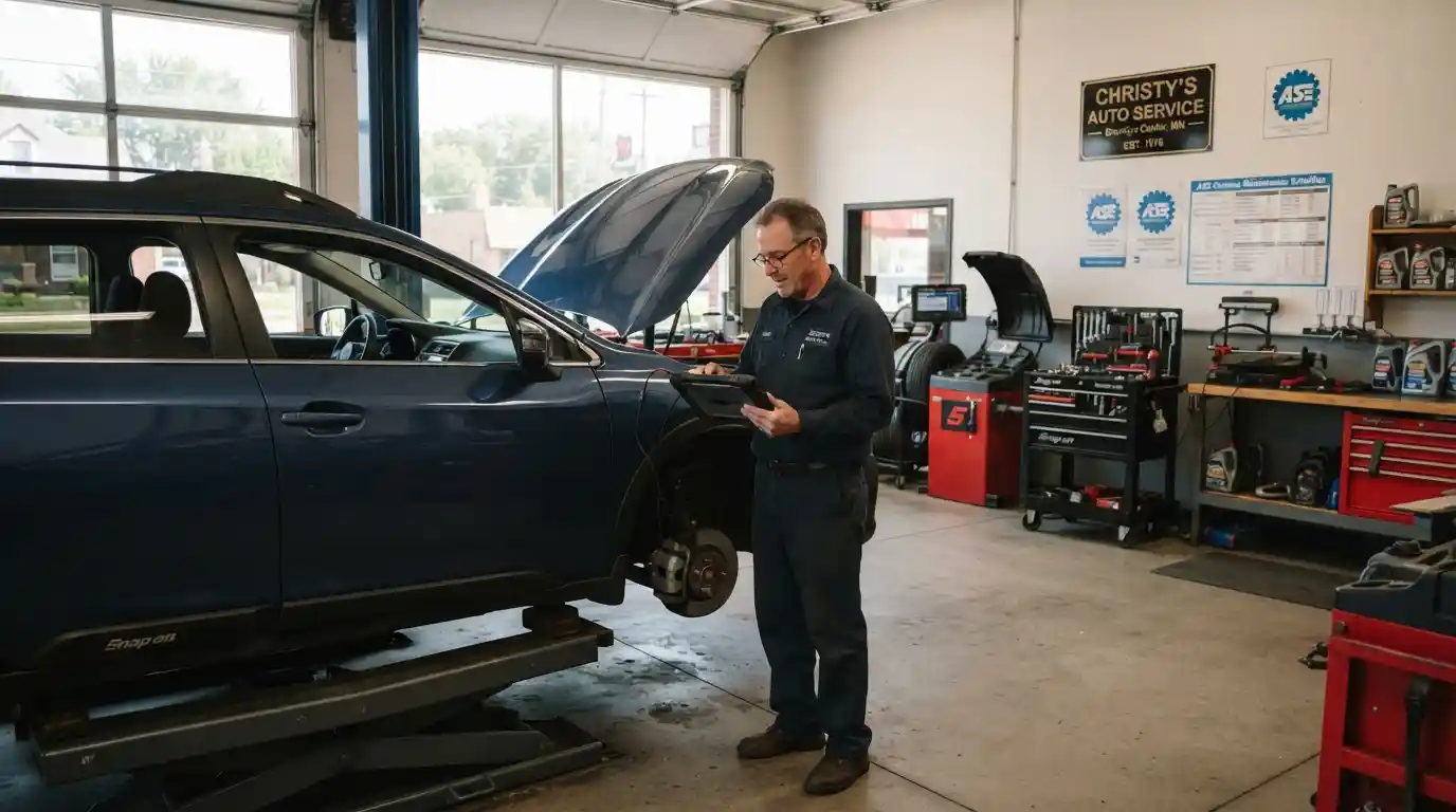 Mechanic inspecting a passenger vehicle inside a professional auto repair garage