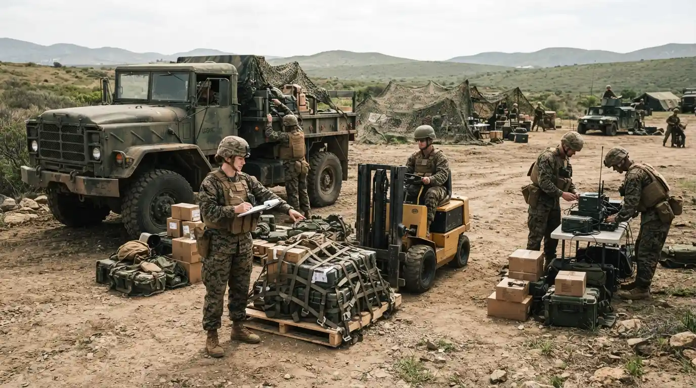 U.S. Marines coordinating logistics equipment and transport vehicles during a field exercise
