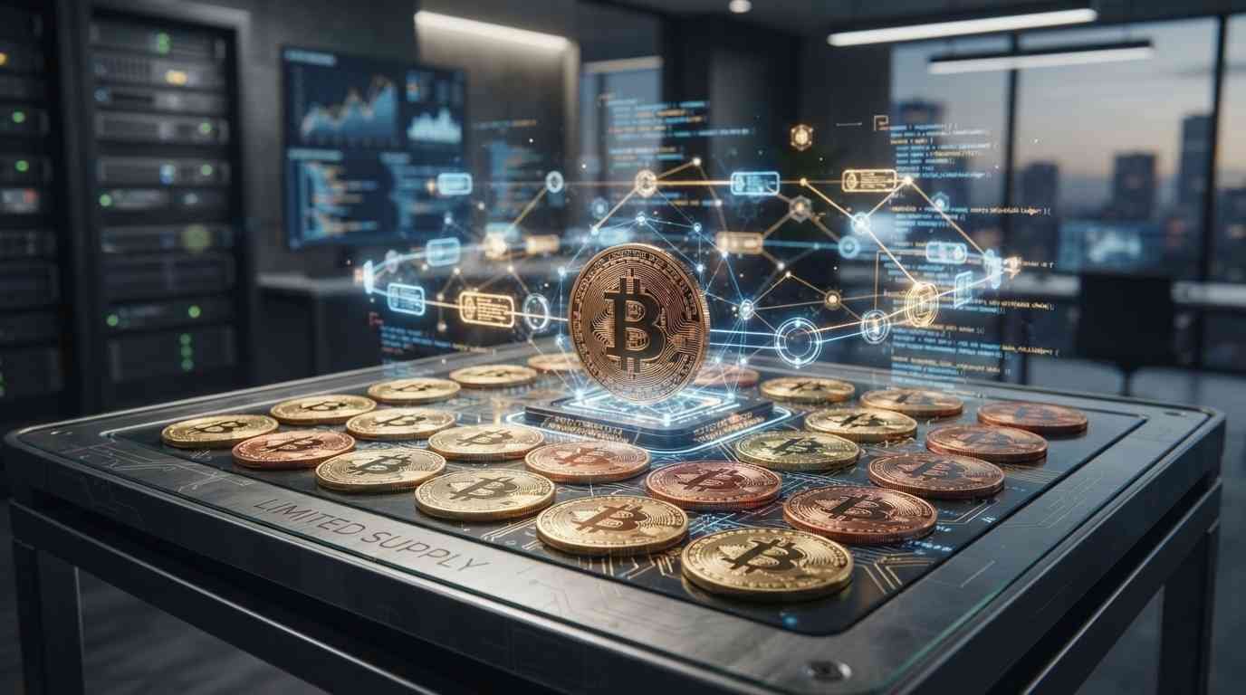 Limited cryptocurrency coins displayed around a blockchain network to represent digital scarcity