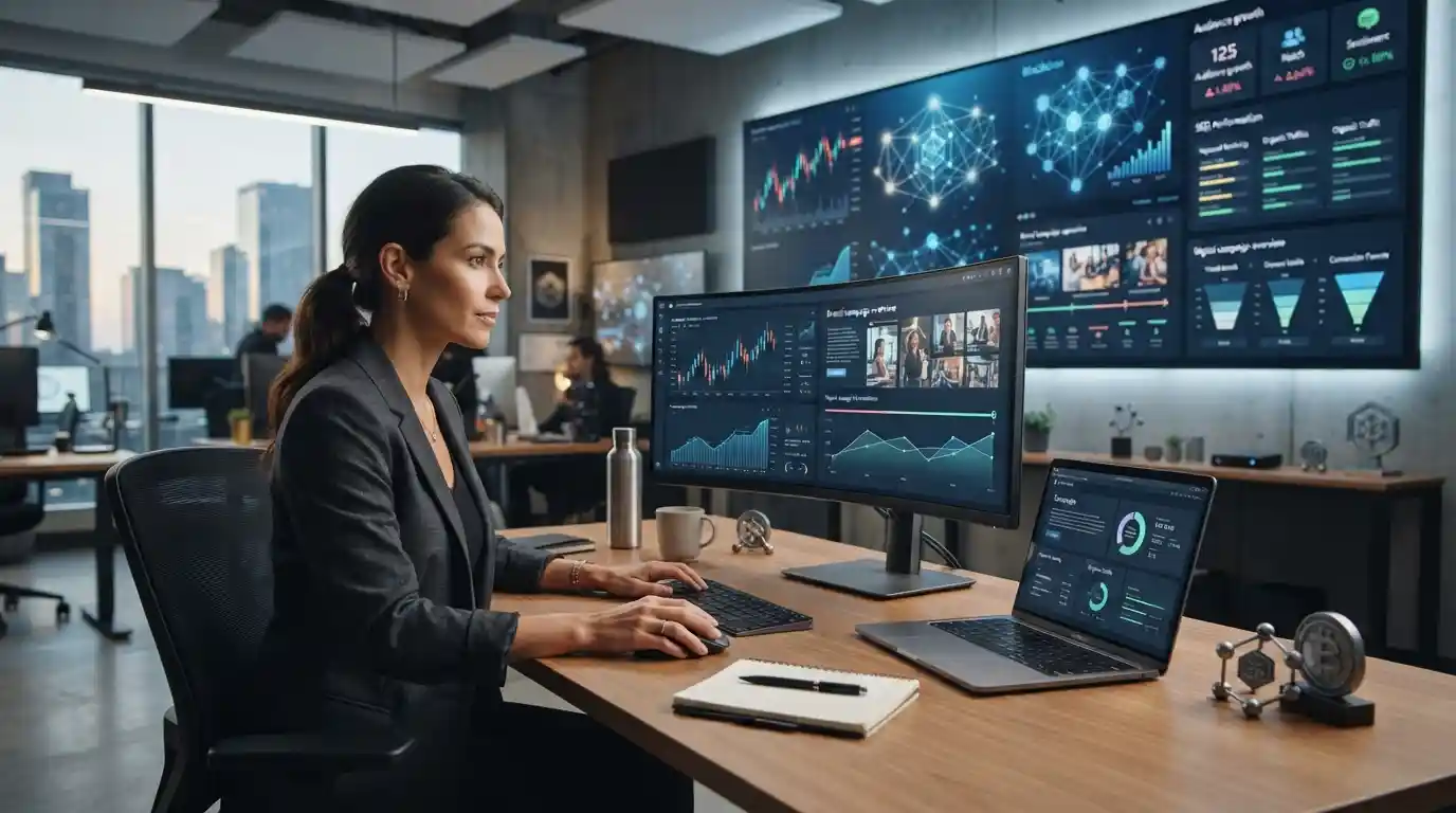 Digital marketing strategist analyzing cryptocurrency brand growth campaigns on multiple analytics screens