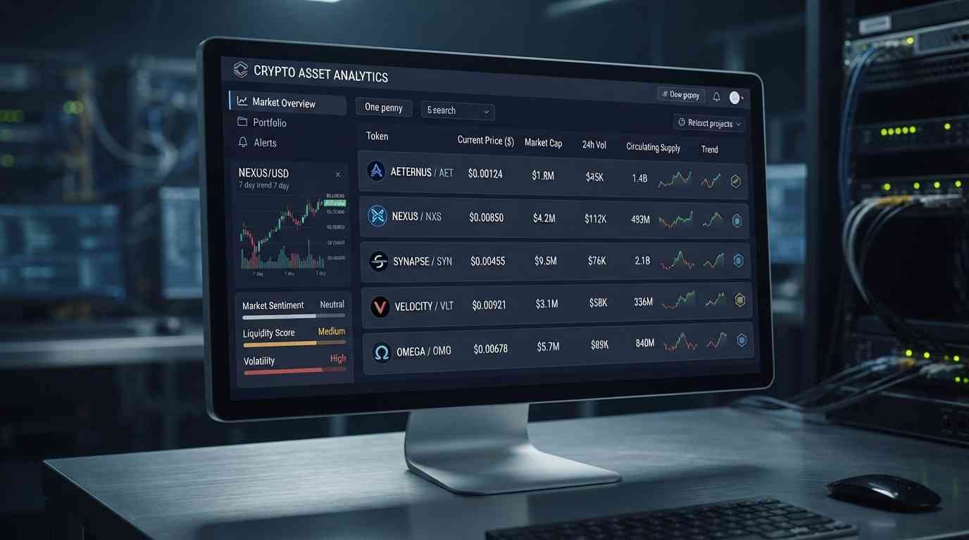 Digital cryptocurrency market dashboard showing low-priced tokens and supply indicators.