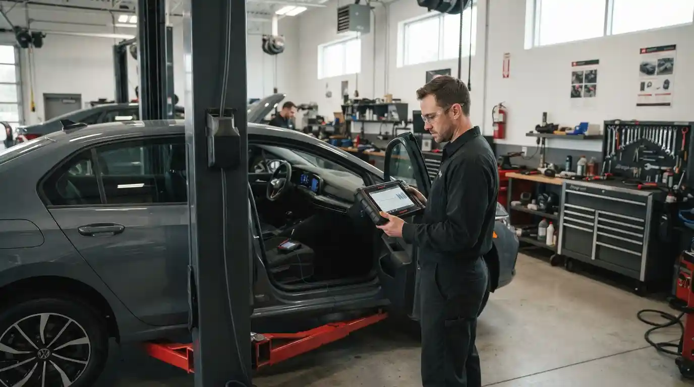 Mechanic inspecting a passenger vehicle with diagnostic equipment inside a professional auto repair shop