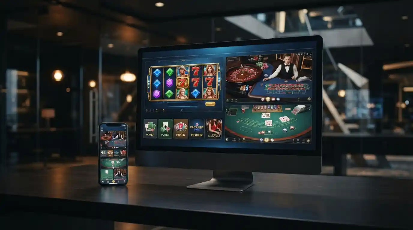 Modern online casino interface with slots, roulette, cards, and mobile gaming screens