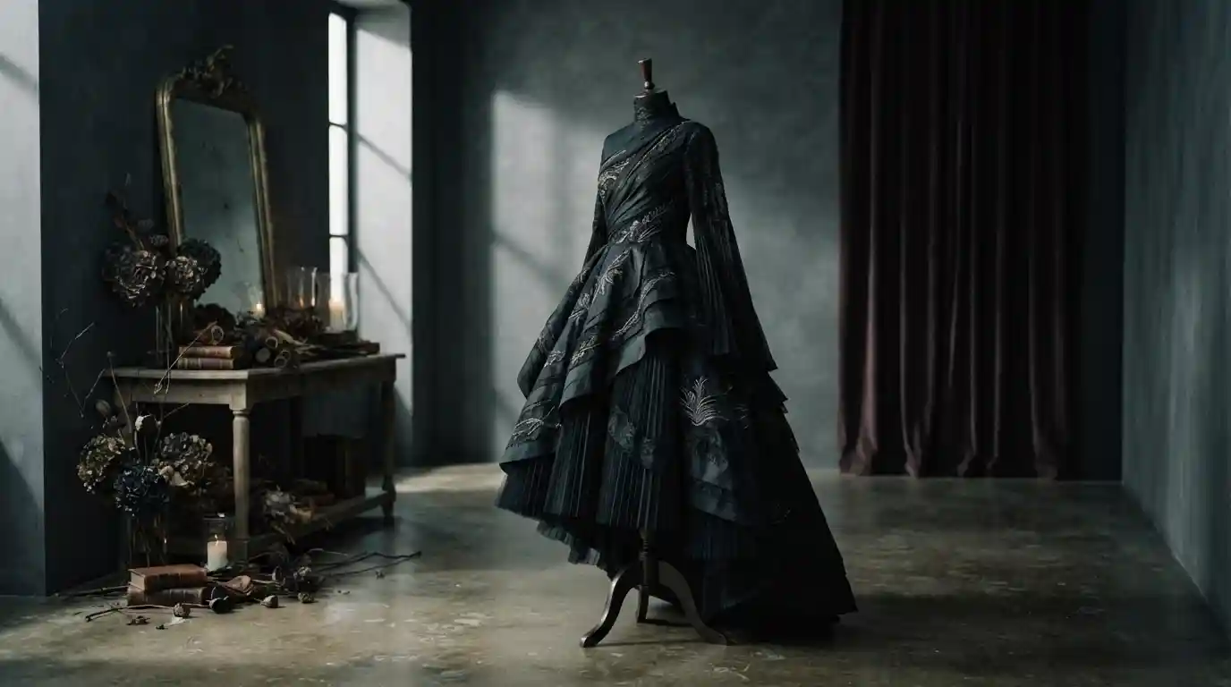 Dark haute-couture garment displayed with dried flowers and an antique mirror in an atmospheric studio