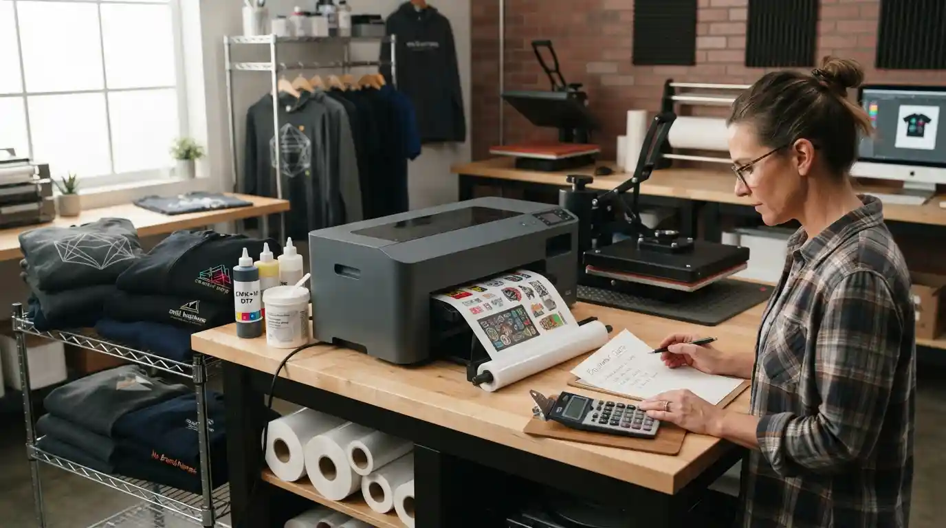 DTF printer and heat press setup in a small custom apparel printing studio with financing documents nearby