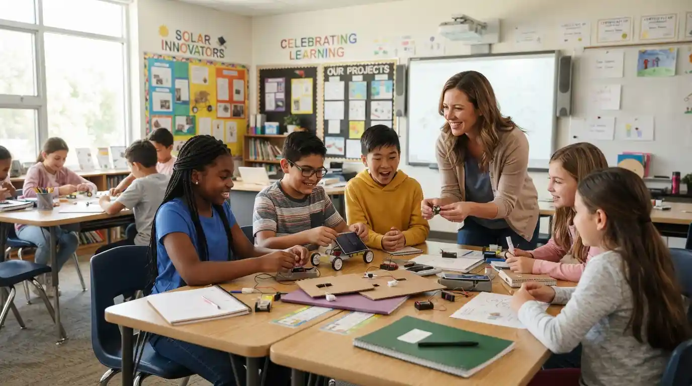 Students collaborating on a hands-on educational project in a classroom celebration