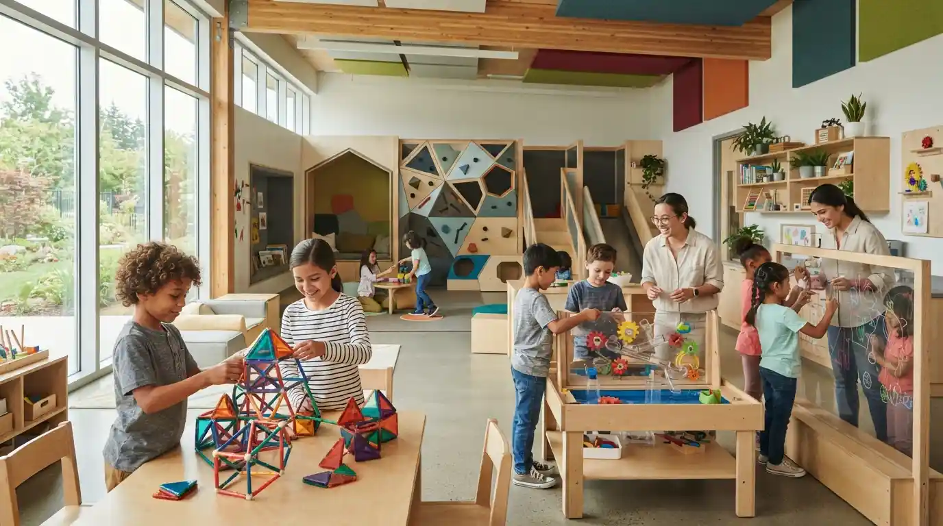 Children exploring hands-on learning activities in a modern education playground