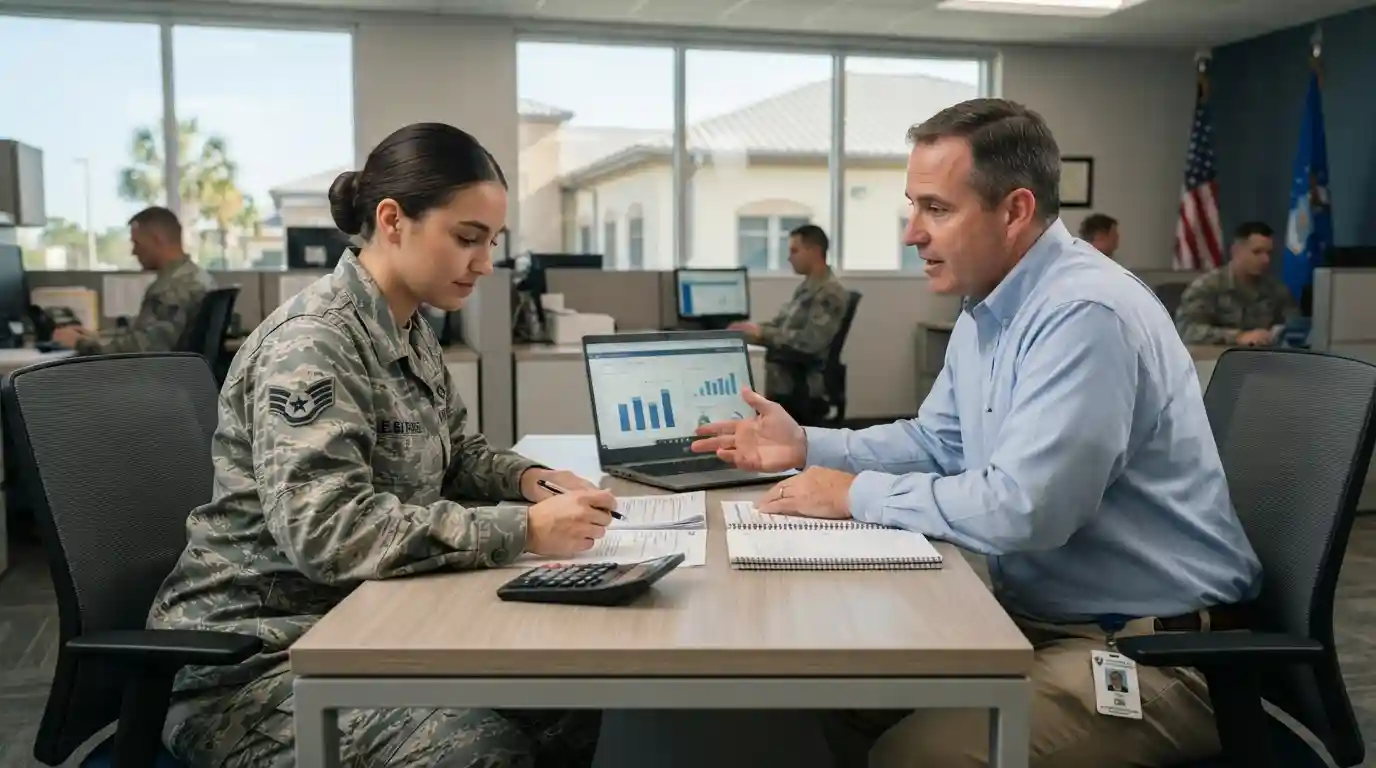 Air Force service member discussing financial paperwork with a finance representative in an office setting