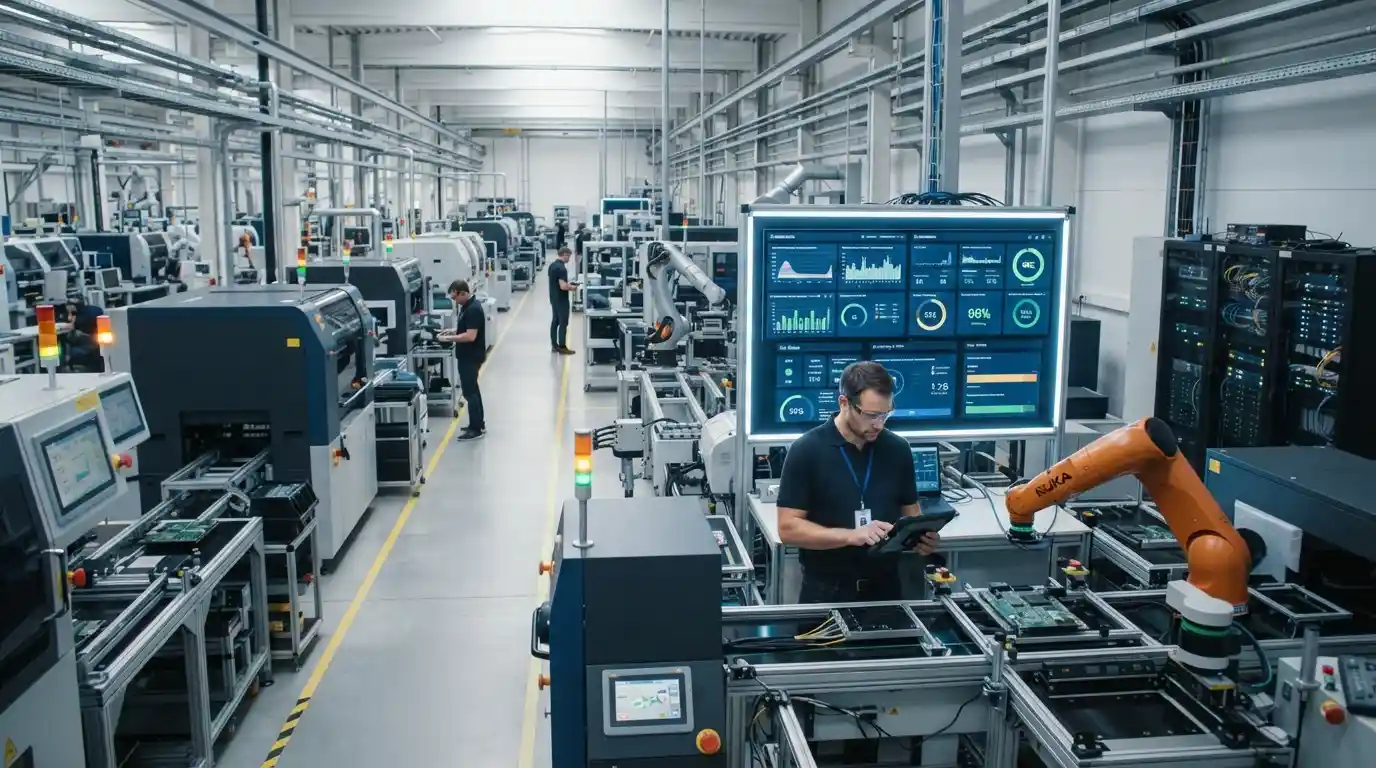 Modern manufacturing facility with digital production monitoring and connected industrial technology