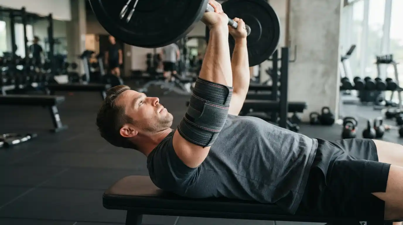 Strength athlete wearing an elbow wrap during a barbell workout in a modern gym