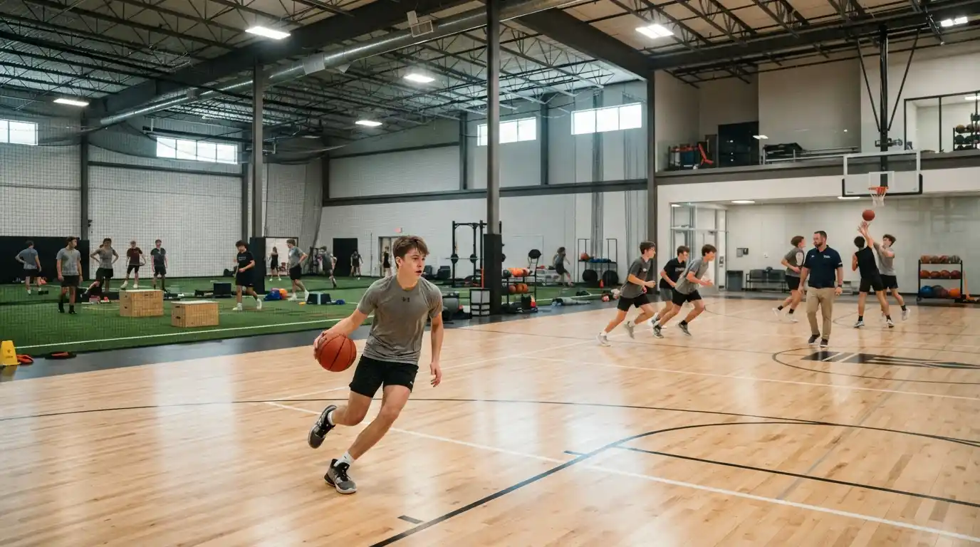 Athletes training inside a modern indoor sports facility in Cedar Rapids