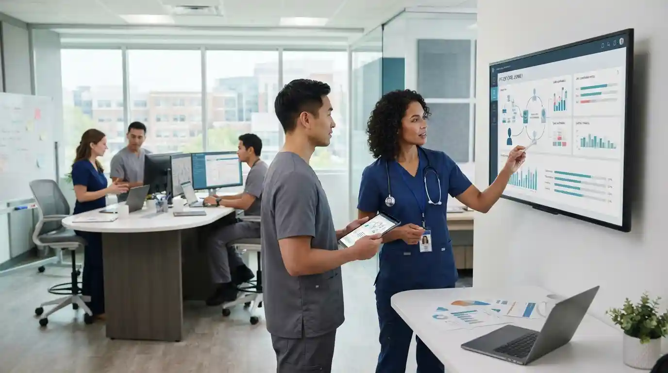 Healthcare professionals using connected technology to coordinate patient care and analyze health data