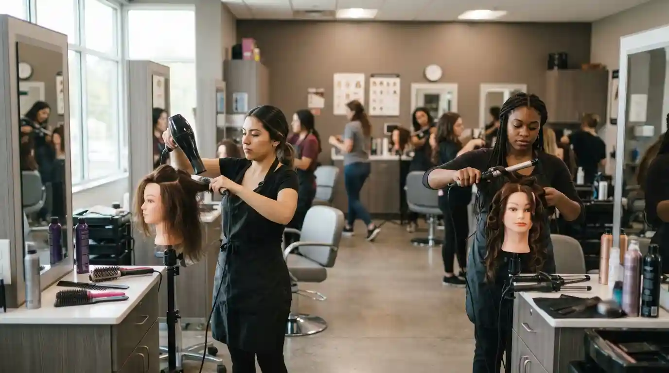 Beauty students practicing hairstyling techniques in a professional training classroom