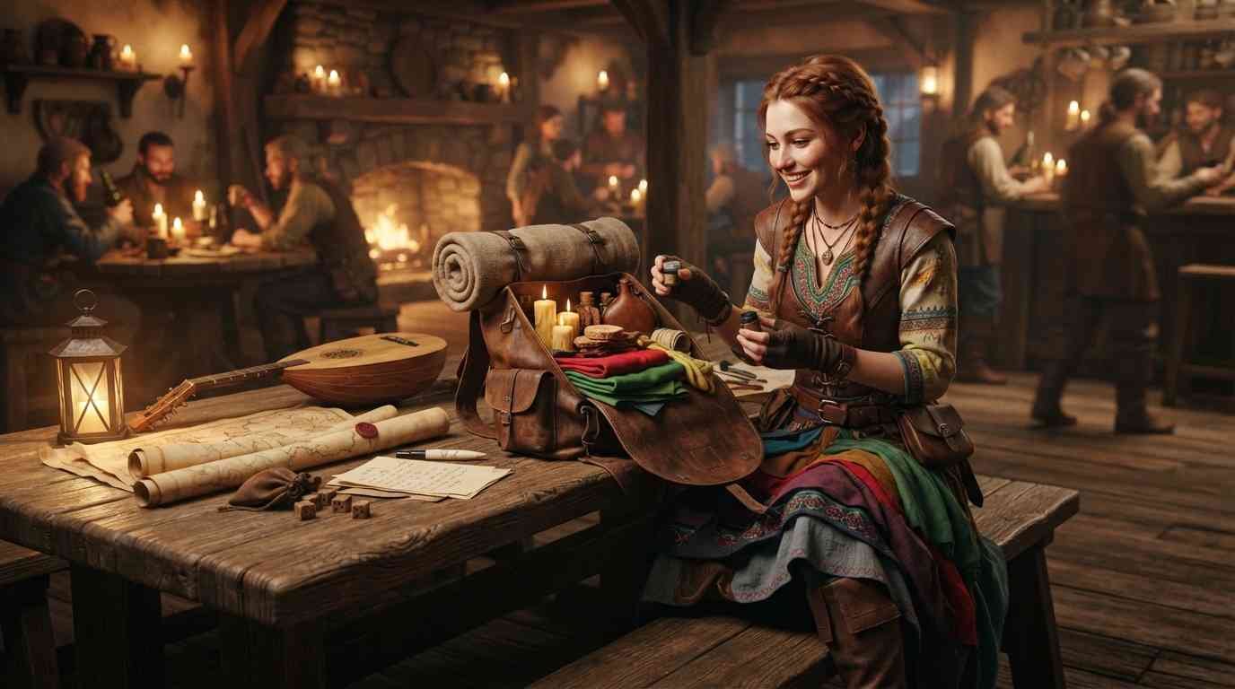Fantasy adventurer with an entertainer’s pack and performance supplies in a medieval tavern