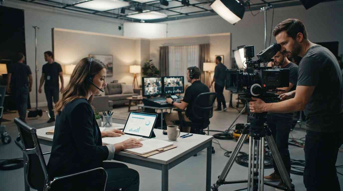 Entertainment production team working with professional benefits planning materials in a studio environment