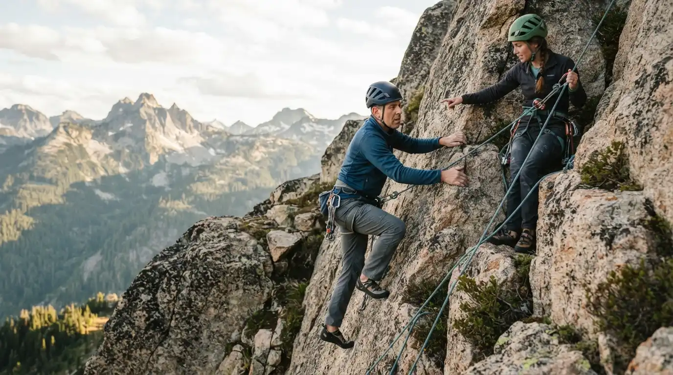 Blind climber ascending an outdoor rock wall with support from a climbing partner