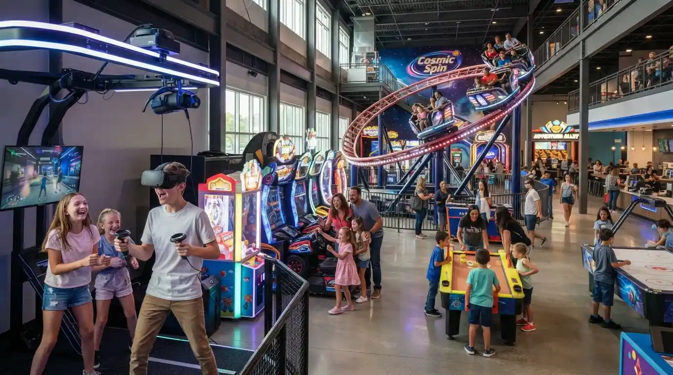 Visitors enjoying VR gaming, arcade attractions, and entertainment rides inside a modern family entertainment hub.