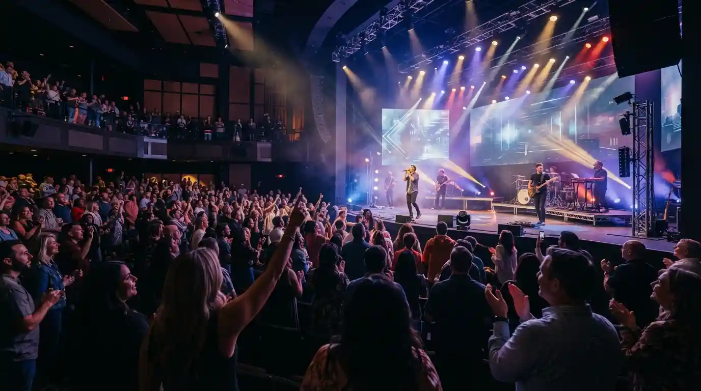 Live entertainment event with a modern stage, immersive lighting, and an engaged audience