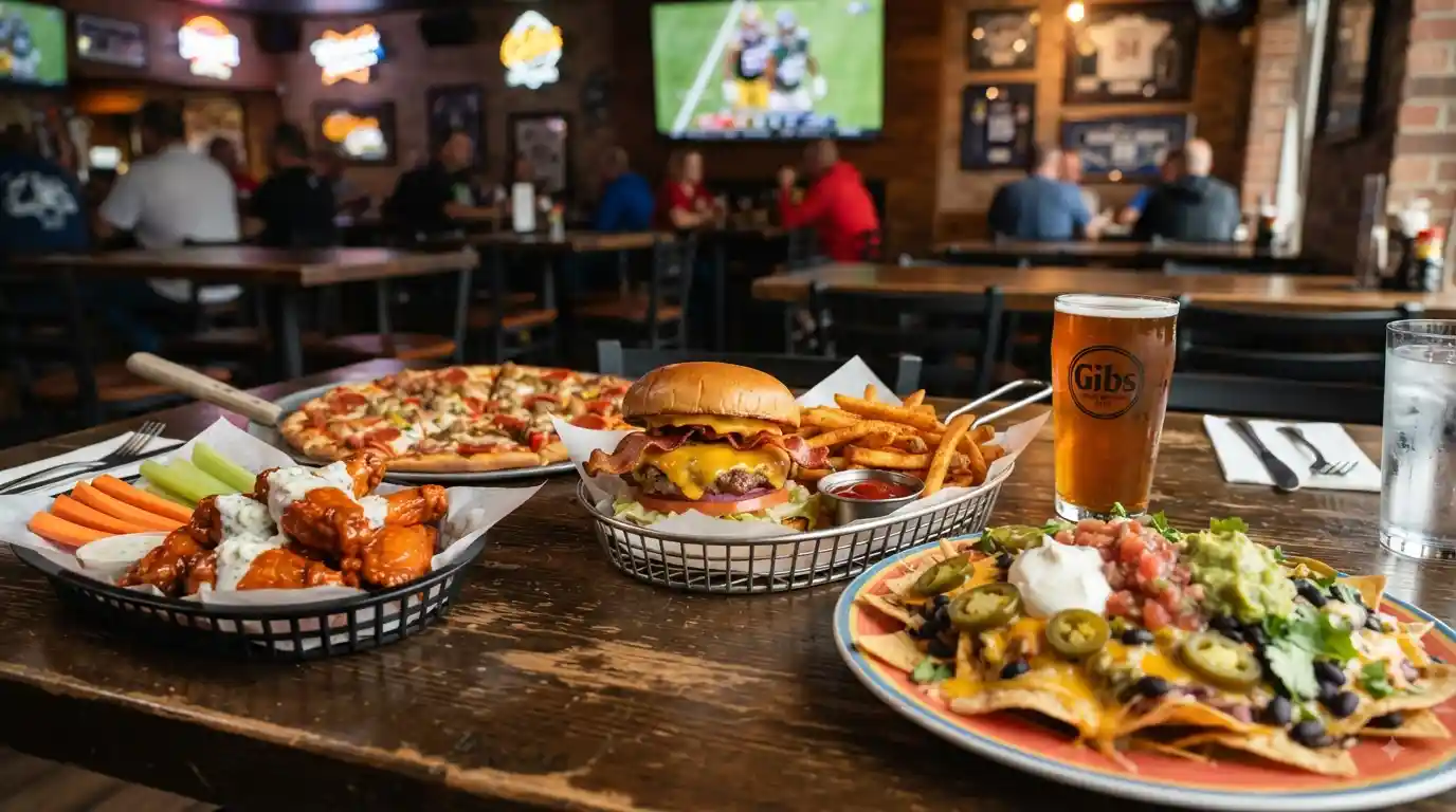 Buffalo wings, burger, fries, nachos, and pizza representing the Gibs Sports Bar menu