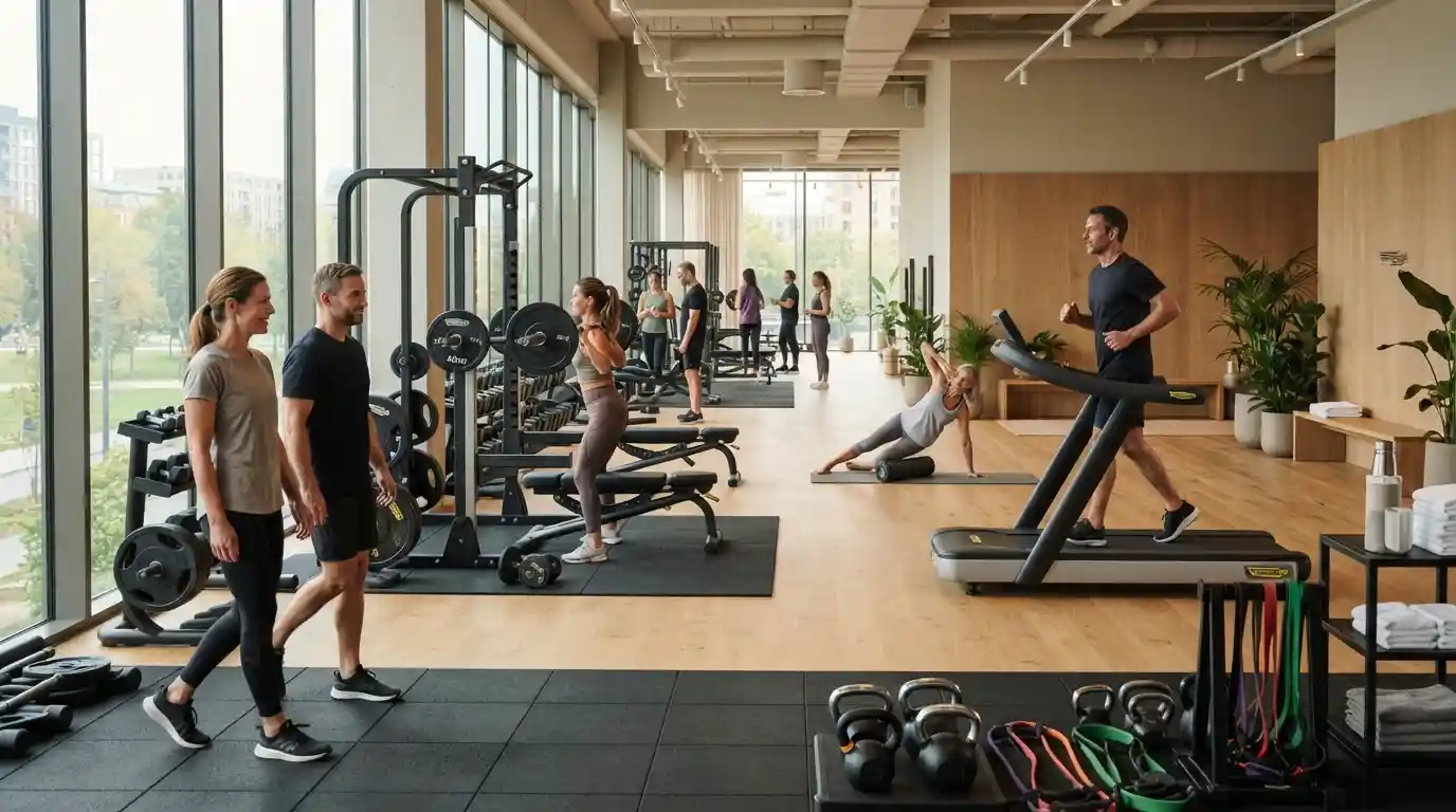 Adults exercising in a modern health club with strength, cardio, and mobility activities