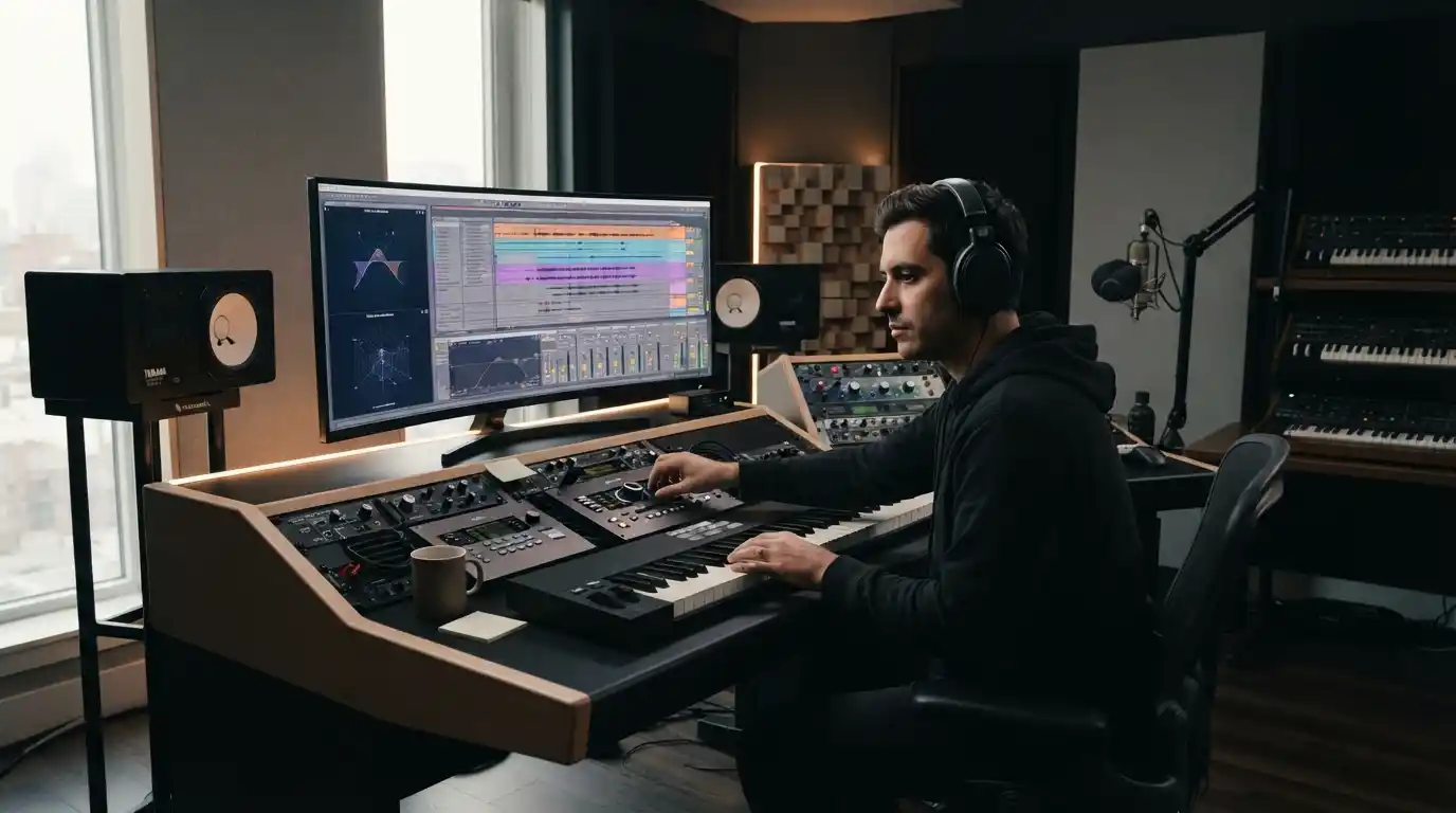 Modern music production studio with digital audio software, studio monitors, headphones, and recording equipment