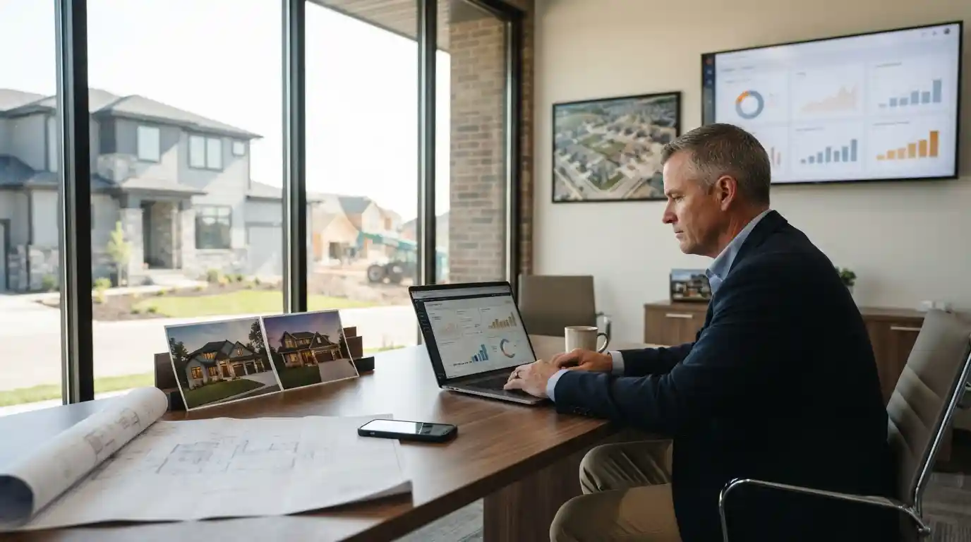 Home builder reviewing a digital marketing strategy with a newly constructed home visible in the background