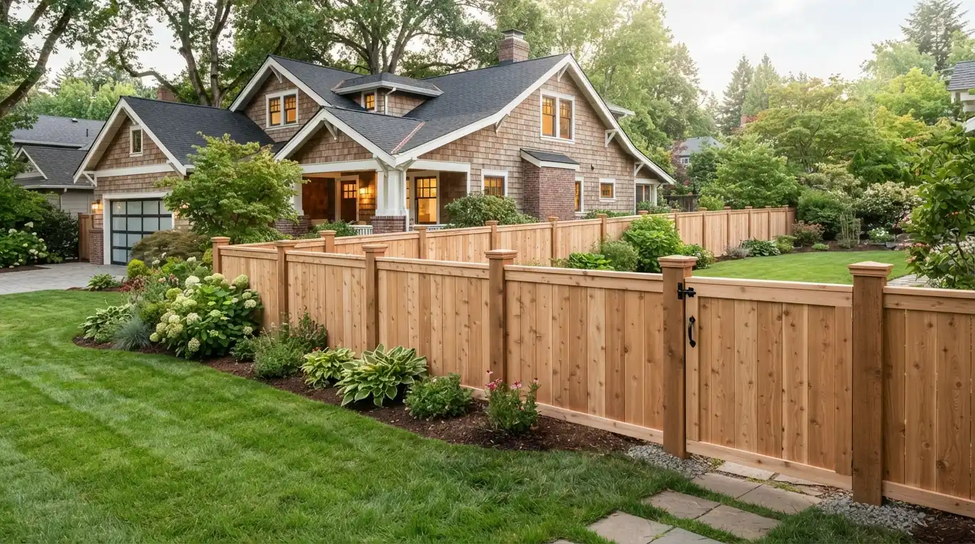 Professionally installed residential fence surrounding a landscaped home in Newburg